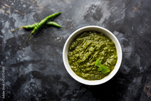 Fényképezés Healthy Indian Green Chutney or Sauce Made using Coriander, Mint And Spices