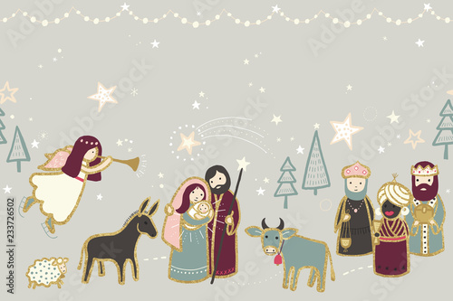 Christmas nativity scene illustration, seamless horizontal border