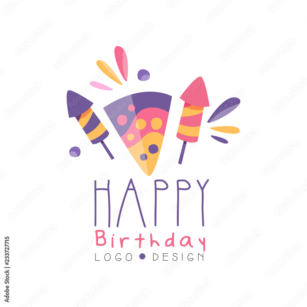 Happy Birthday logo design, colorful creative template with fireworks
