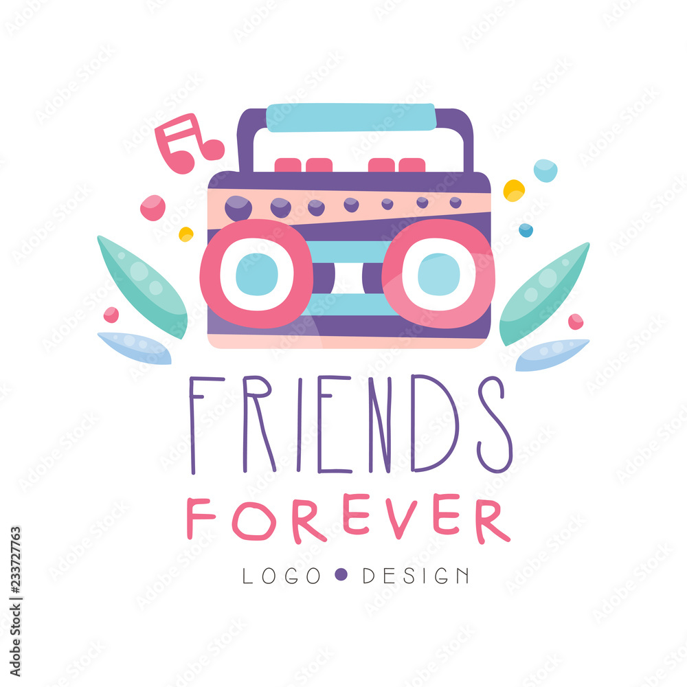 Friends forever logo design, Happy Friendship Day creative label with boombox for banner, poster, greeting card, t-shirt vector Illustration
