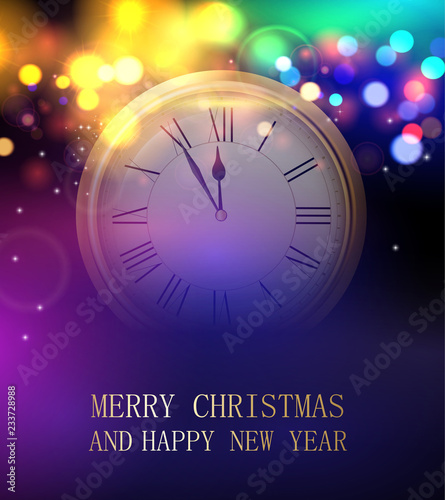 Merry Christmas and Happy New Year blurred greeting card with clock.