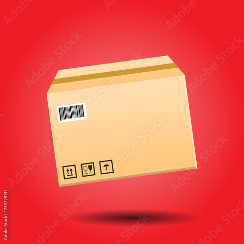 isolated package box flying with shadow in red background