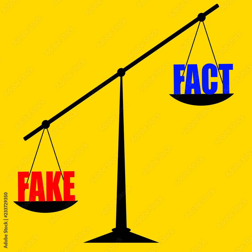 Fake and fact: fakes news and reality on internet today. A scale on yellow background. Fake and fact: fakes news and reality on internet today. A scale on yellow background.