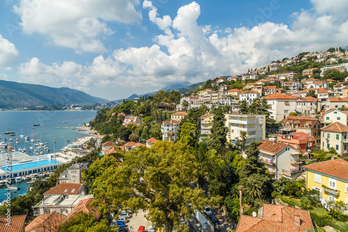 The seaside town of Herceg Novi in Montenegro on a green hill
