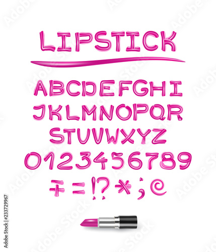Pink glitter lipstick alphabet and numbers isolated