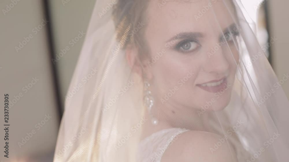 Beautiful and lovely bride in vail. Close up shot. Wedding morning Beautiful and lovely bride in vail. Close up shot. Wedding morning