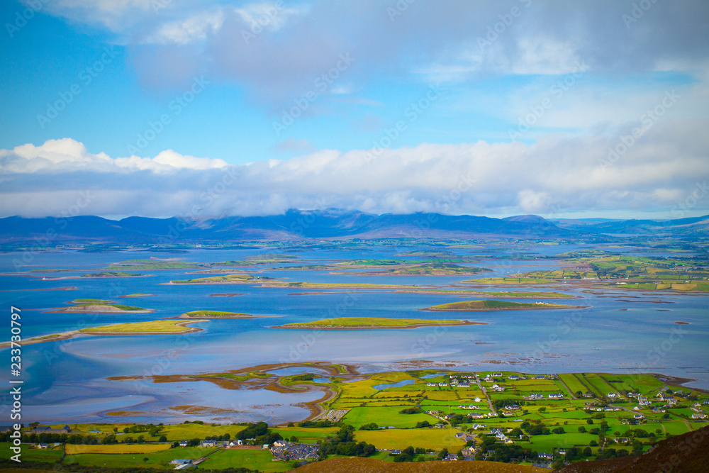 Beautiful scenic sea and mountain landscape with islands. View from Croagh Patrick - mountain and an important site of pilgrimage in County Mayo, Ireland