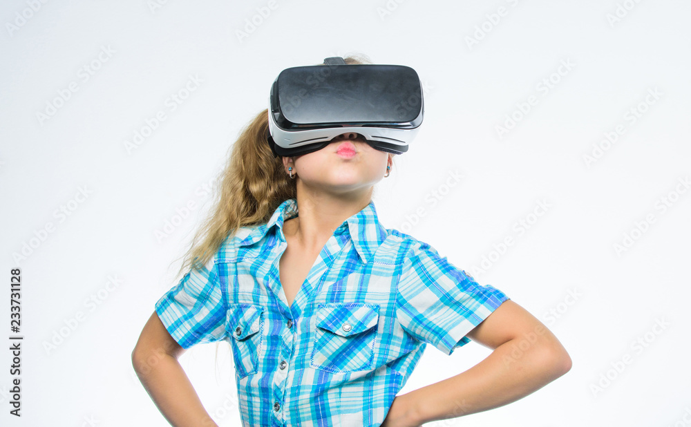 Little girl in virtual reality goggles. kid use modern technology. Little kid in VR headset. Digital future and innovation. Small child wear wireless VR glasses. Working with innovative technologies