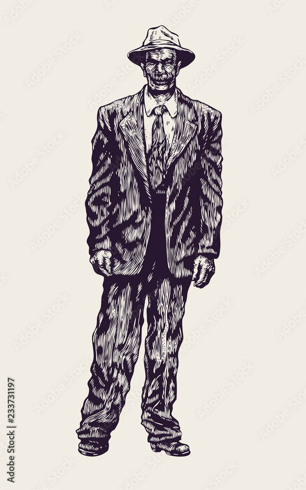 Man In A Hat And Suit. American Retro Style Of The 30-th Years. vector illustration.