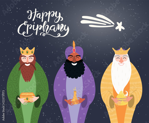 Hand drawn vector illustration of three kings of orient with gifts, star, lettering quote Happy Epiphany. Isolated objects on dark background. Flat style design. Concept, element for card, banner.