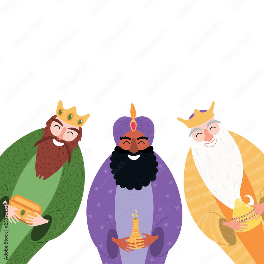 Hand drawn vector illustration of three kings of orient with gifts. Isolated objects on white background. Flat style design. Concept, element for Epiphany card, banner.