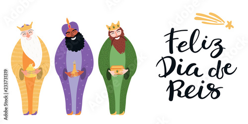 Fototapeta Hand drawn vector illustration of three kings with gifts, Portuguese quote Feliz Dia de Reis, Happy Kings Day. Isolated objects on white. Flat style design. Concept, element for Epiphany card, banner.