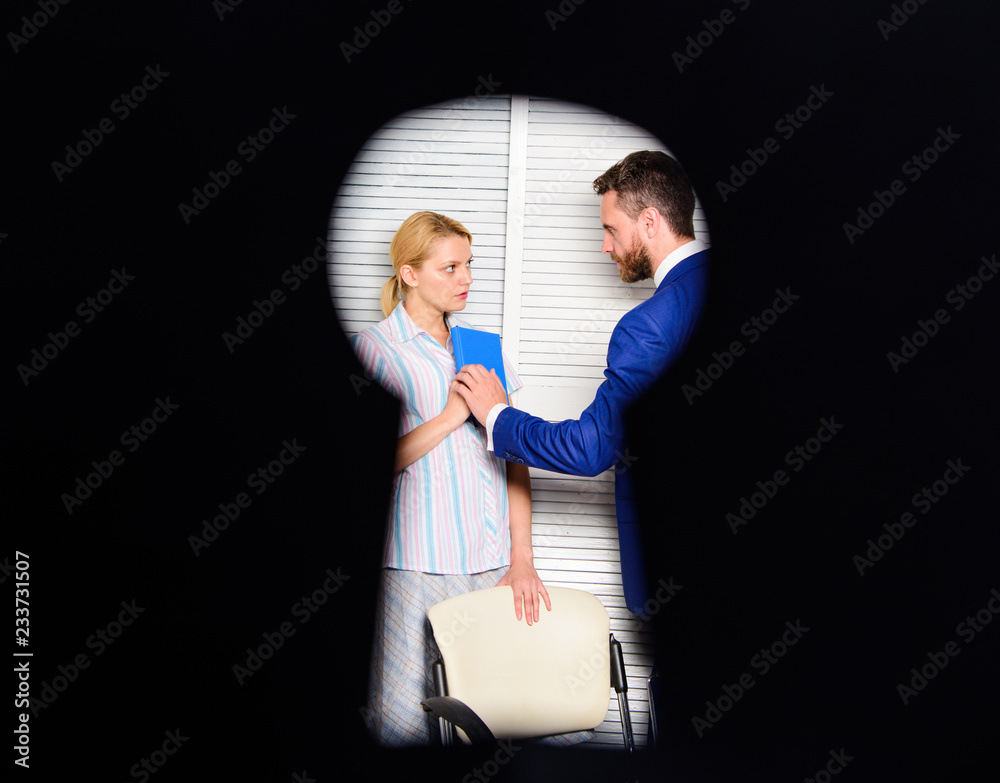Witness of office crime. Woman suffer violence in office. Dirty secret and blackmail. and violence. Occupational violence. View through keyhole. Boss aggressive violence Stock Photo | Adobe Stock