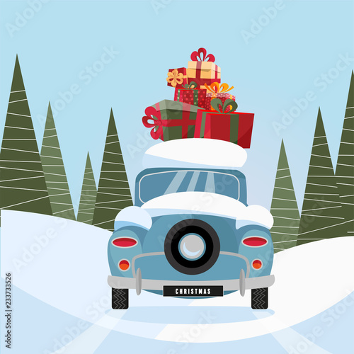 Flat vector cartoon illustration of retro car with present on the roof. Little classic blue car carrying gift boxes on its rack. Vehicle back decorated with wheel, car rear view.Snow-covered landscape