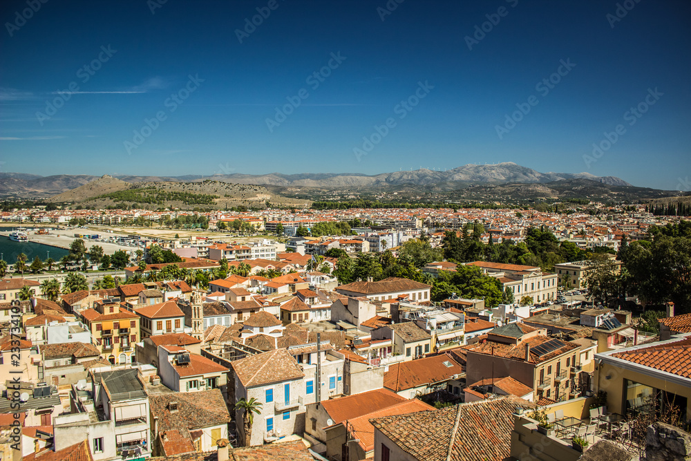 overcrowded south Mediterranean district city buildings and mountain horizon background nature landscape in clear weather time