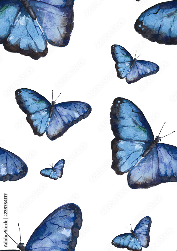 Seamless pattern with large watercolor blue butterflies on a white ...