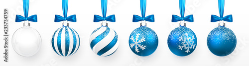 Transparent and Blue Christmas ball with snow effect and blue bow set. Xmas glass ball on white background. Holiday decoration template. Vector illustration