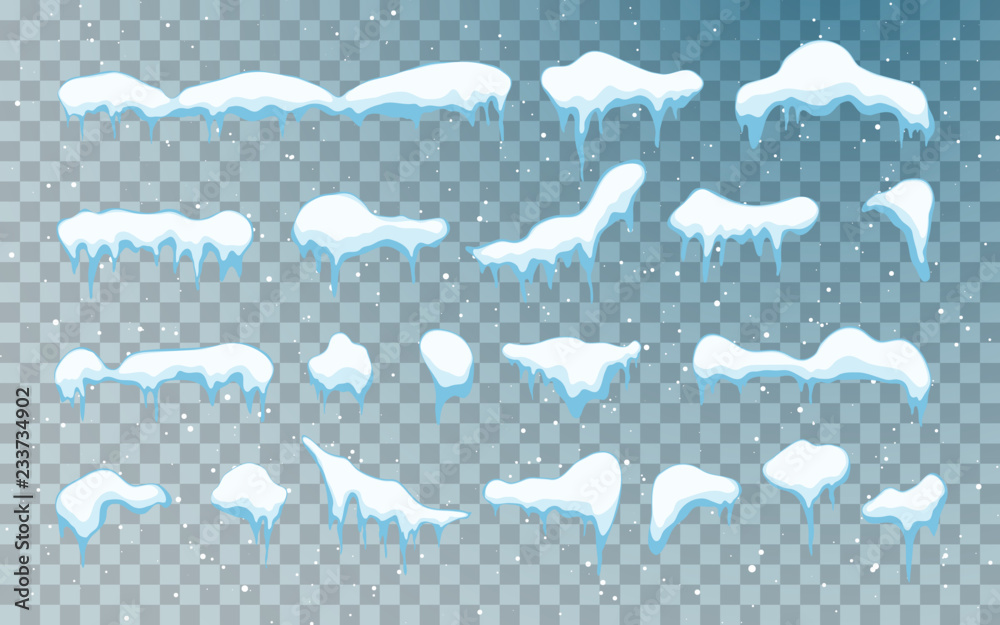 Snow caps, snowballs and snowdrifts set. Snow cap vector collection. Winter decoration element. Snowy elements on winter background. Cartoon template. Illustration