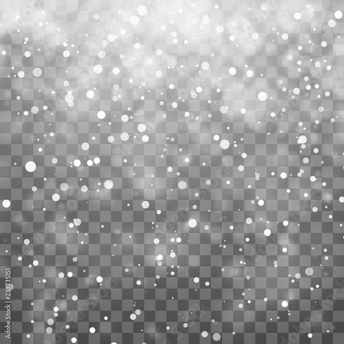 Christmas snow. Falling snowflakes on dark background. Snowflake transparent decoration effect. Xmas snow flake pattern. Magic white snowfall texture. Winter snowstorm backdrop illustration