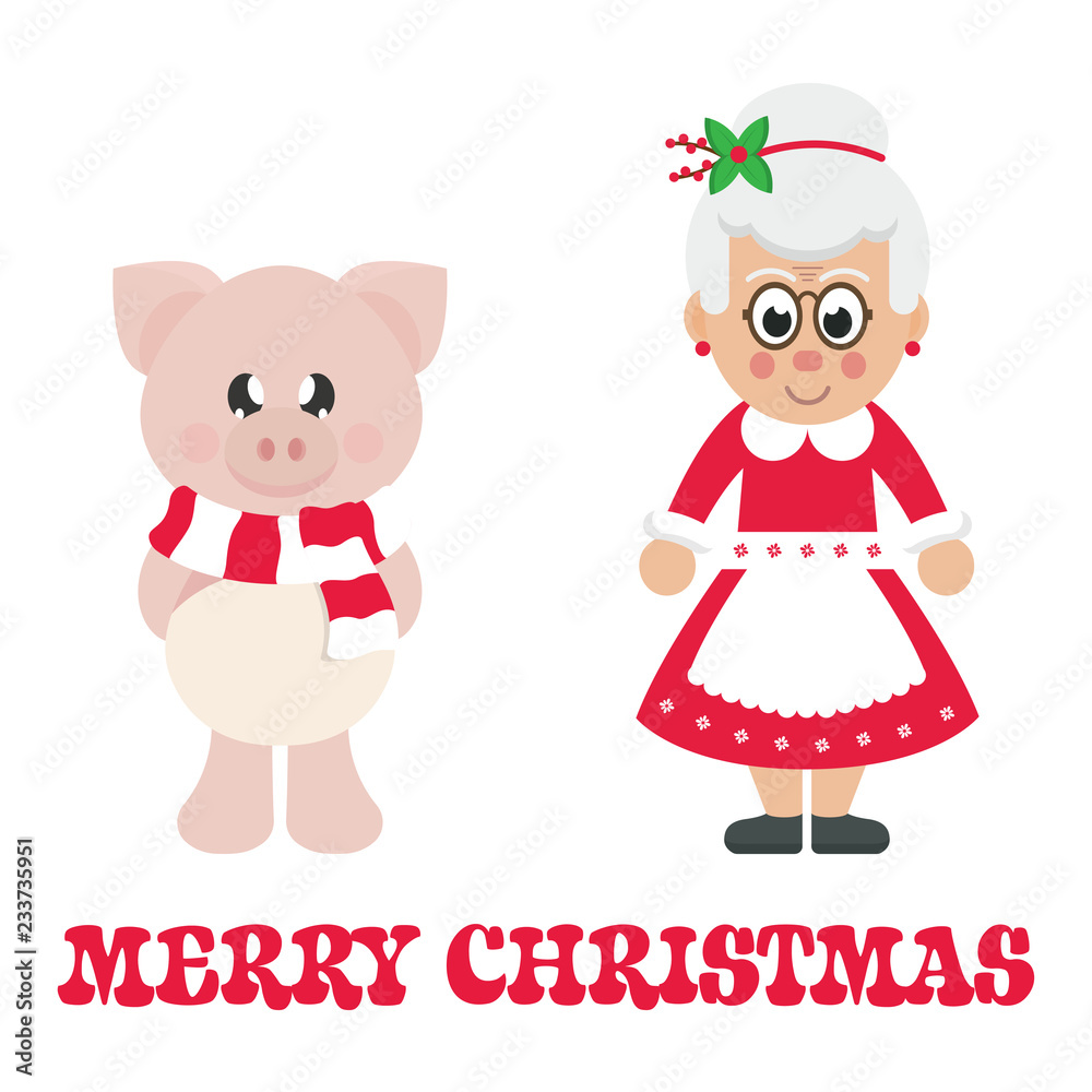 winter cartoon pig with scarf and cartoon mrs santa and christmas text winter cartoon pig with scarf and cartoon mrs santa and christmas text