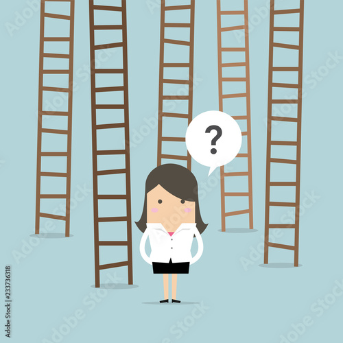 Businesswoman choices ladder to success.