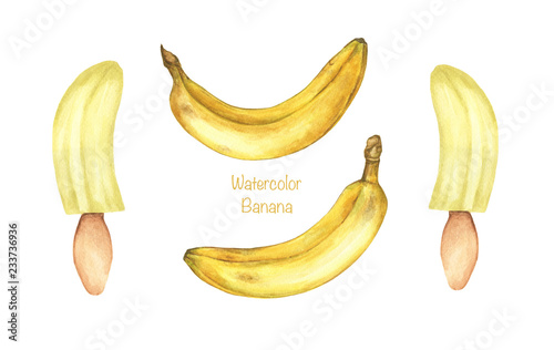 Set of ripe bananas and banana with ice cream stick isolated on white background. Hand drawn watercolor illustration.