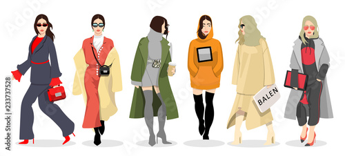 Set of women dressed in stylish trendy clothes, fashion girls, models wearing modern autumn coat, hoody, female cartoon characters, vector illustration