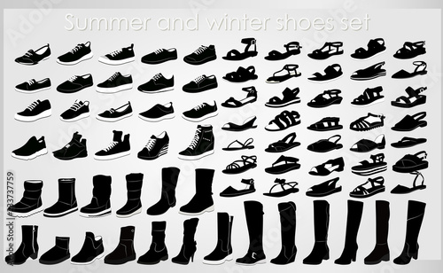 Set of various shoes on a gray background
