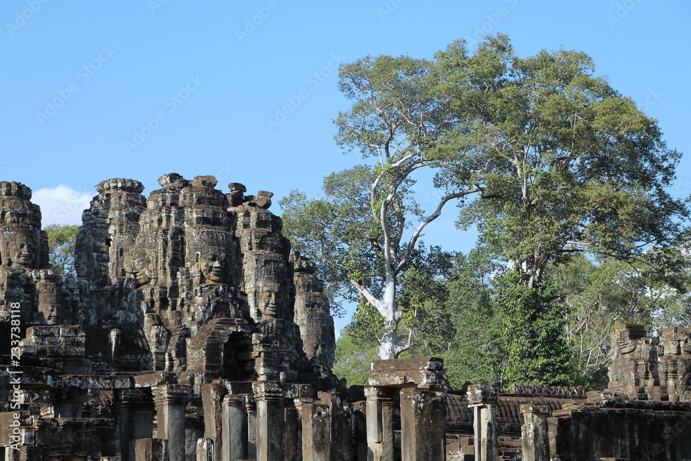The Bayon is a richly decorated Khmer temple at Angkor in Cambodia.