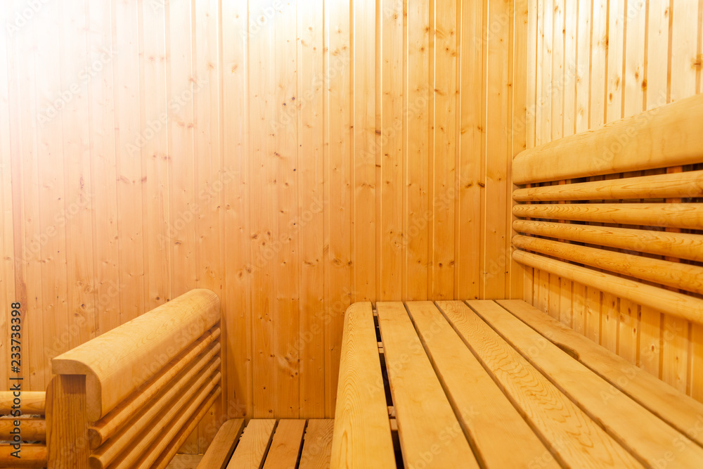 Interior of Finnish sauna, classic wooden sauna, Finnish bathroom