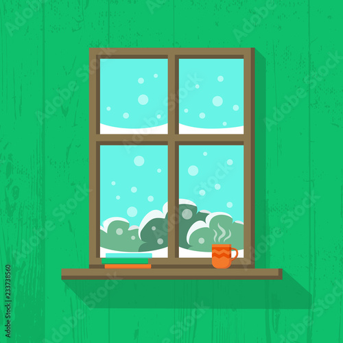 Wooden window with snowy landscape view. Books and a cup of hot coffee or tea are standing on the windowsill. Vector illustration in flat cartoon style. Cosy sweet home interior