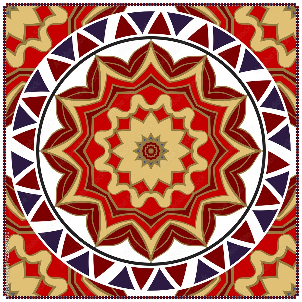 Decorative colorful floral ornament with decorative border. Ethnic mandala decoration. For fashion print, bandanna, tablecloth, neck scarf