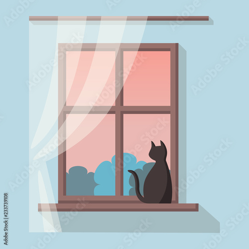 Wooden window with pink and blue landscape view. Black cat is sitting on the windowsill and looks away. Vector illustration in flat cartoon style. Cosy sweet home interior.