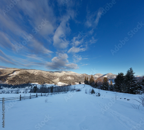 Sunrise winter Carpathian mountain village Zelene, Verkhovyna, Ukraine
