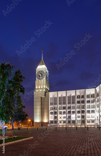 Russia, Krasnoyarsk. Night photography. City Clock Tower at Krasnoyarsk City Administration (Krasnoyarsk Big Ben) photo