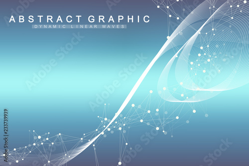 Scientific vector illustration genetic engineering and gene manipulation concept. DNA helix, DNA strand, molecule or atom, neurons. Abstract structure for Science or medical background. Wave flow