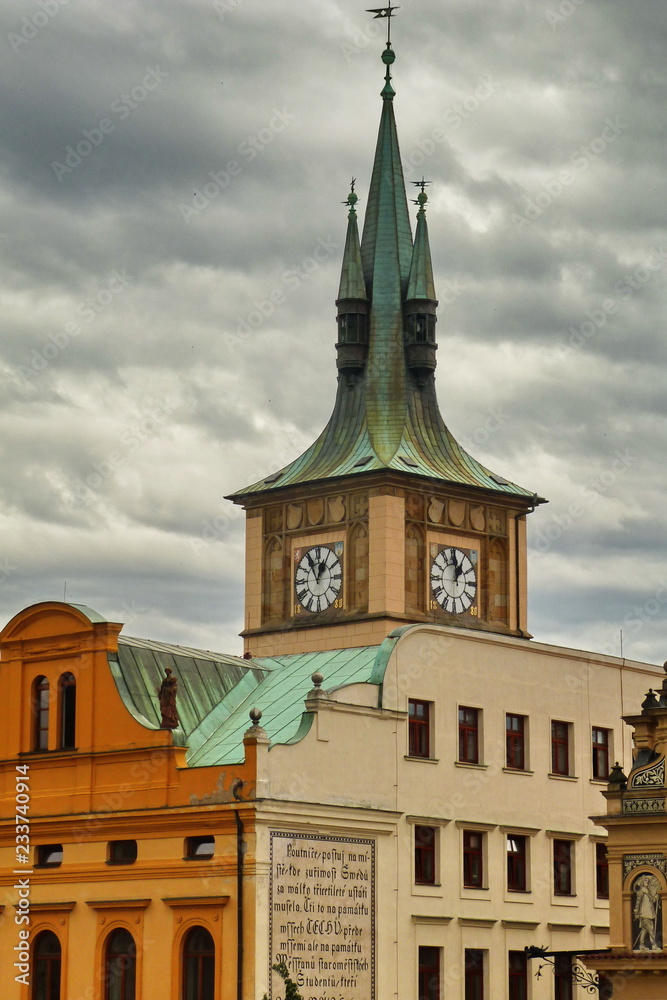Fototapeta premium Spires of a typical buildings in the center of Prague, Czech Republic