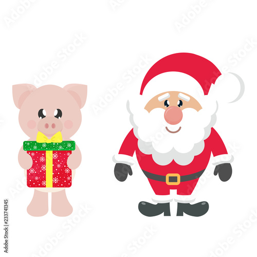 winter cartoon pig with christmas gift and santa claus © julia_january