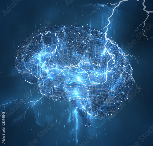 Vector illustration, three-dimensional brain on a dark background,power, element, force of nature