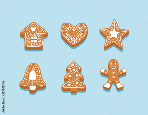 Gingerbread cookies, a set of different cookies decorated with glaze. Christmas decorations, vector illustration template