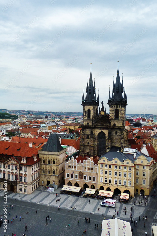 Czech Republic, Prague, top view of Staromestske square, church of our lady before Tyn