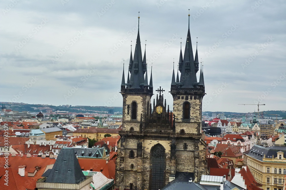 Fototapeta premium Czech Republic, Prague, top view of Staromestske square, church of our lady before Tyn