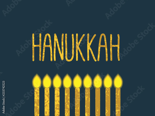 Hanukkah lettering in gold with lit candles. Traditional menorah for the Jewish Hanukkah festival. Jewish holiday elegant greeting card template with menorah. Flyer, poster, banner design