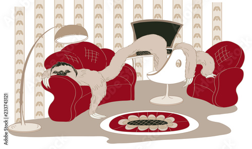 Happy sloth stretched out on the couch, on the table and on the chair