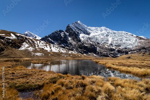 Mountains with a lagoon as seen from the Ausangate Trek in the Cordillera Vilcanota  Andes Mountains  Peru