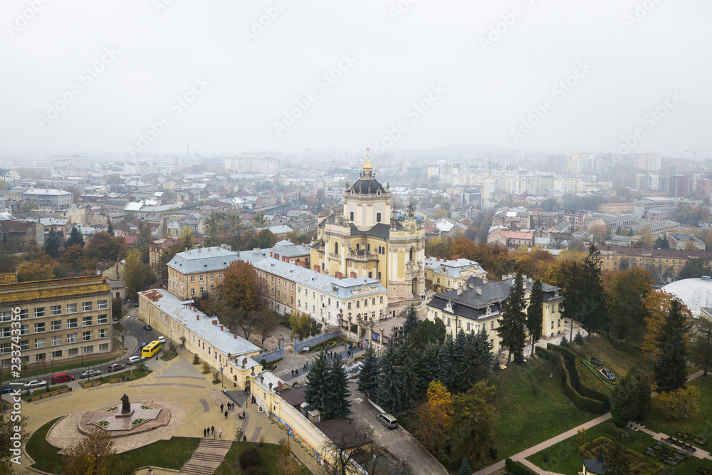 Aerial view of the Saint George's Cathedral in Lviv, Ukraine