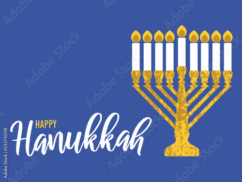 Happy Hanukkah on blue background. Traditional menorah for the Jewish Hanukkah festival. Jewish holiday greeting card template with menorah. Flyer, poster, banner design