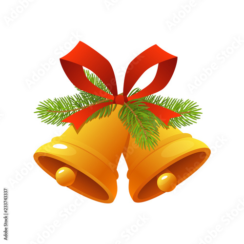 Golden Christmas bell with red ribbon jingle bells icon isolated on white background