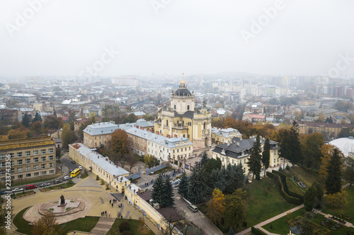 Aerial view of the Saint George's Cathedral in Lviv, Ukraine