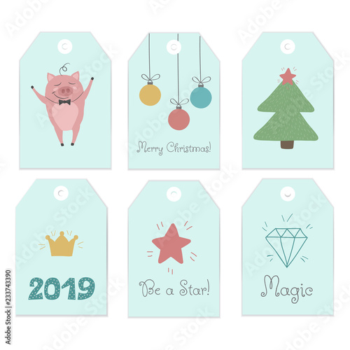 Collection of six cute redy-to-use gift tags. Set of 6 printable hand drawn label in light blue color . Perfect for Christmas presents. Vector badge design
